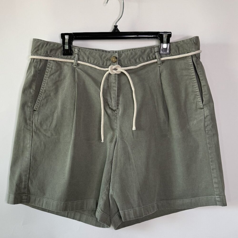 J.Jill Shorts Womens Sz 16 Olive Green Pleated Chino Belted Elastic Waist Twill